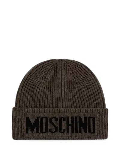Moschino Logo-intarsia Ribbed-knit Beanie Hat In Brown