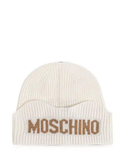 Moschino Logo-intarsia Ribbed-knit Beanie Hat In Neutral