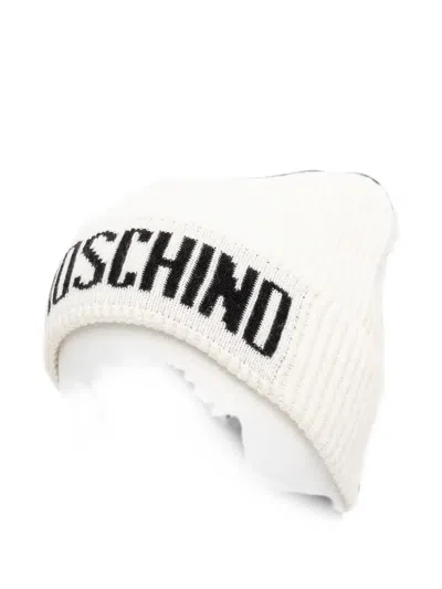 Moschino Logo-intarsia Ribbed-knit Beanie Hat In White