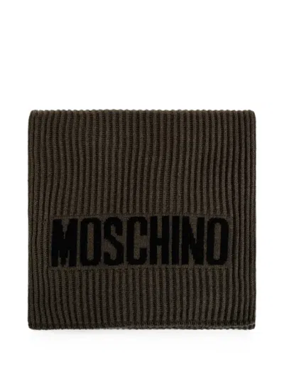 Moschino Logo-intarsia Ribbed-knit Scarf In Green
