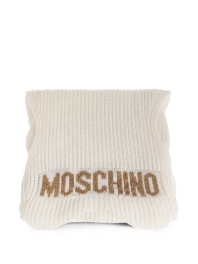 Moschino Logo-intarsia Ribbed-knit Scarf In Neutral