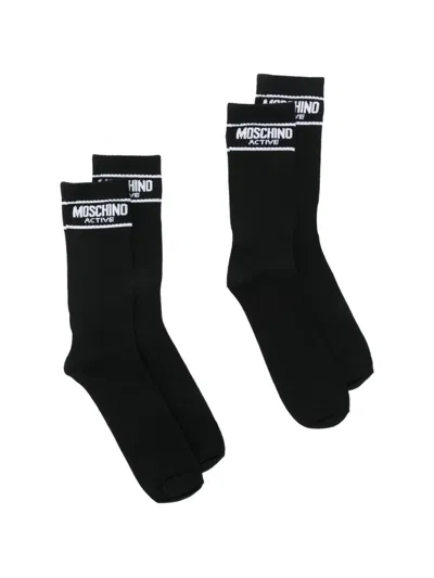 Moschino Logo-intarsia Ribbed-knit Socks Set Of Two In Black