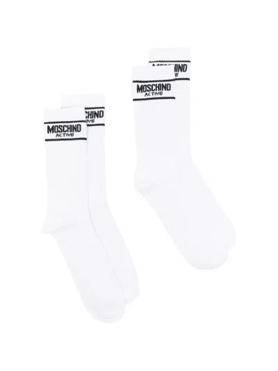 Moschino Logo-intarsia Ribbed-knit Socks Set Of Two In White