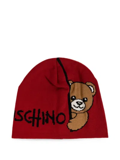 Moschino Logo-intarsia Teddy Bear Beanie Hat In Red
