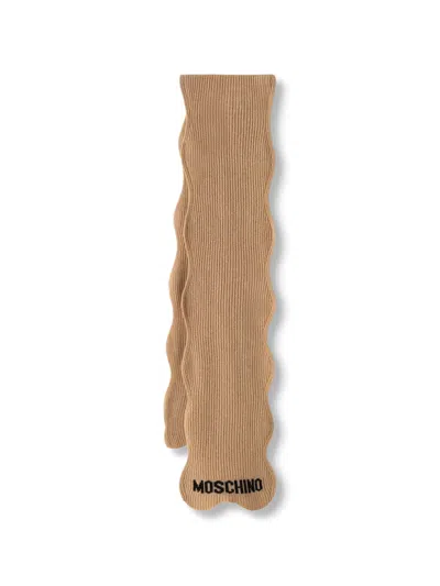 Moschino Logo-knit Wavy-edge Scarf In Brown