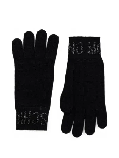 Moschino Logo-knit Wool Gloves In Black