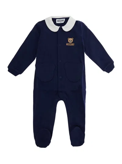 Moschino Logo-patch Cotton Babygrow In Blue