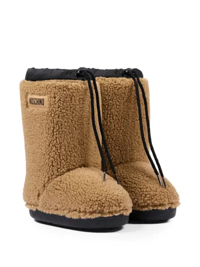 Moschino Kids' Logo-patch Faux-shearling Boots In Brown