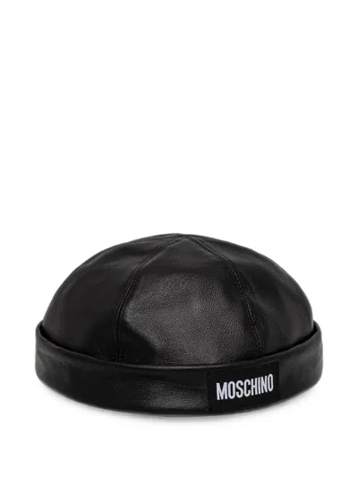 Moschino Logo-patch Leather Beanie Hat In Yellow