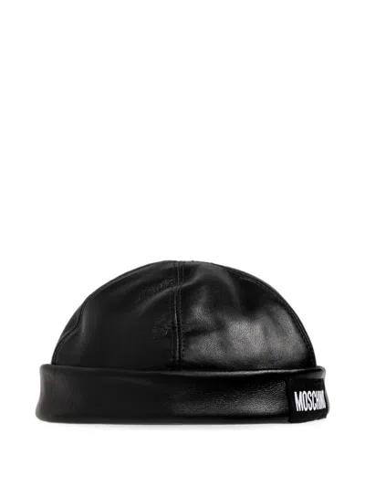 Moschino Logo-patch Leather Hat In Black