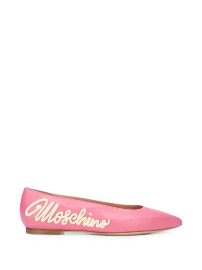 Moschino Logo-patch Pointed-toe Ballet Flats In Pink