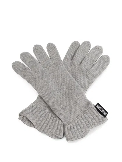 Moschino Logo-patch Ribbed-cuff Gloves In Gray