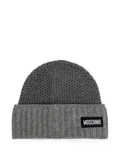 Moschino Logo-patch Waffle-knit Beanie Hat In Gray