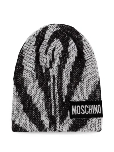 Moschino Logo-patch Zebra-pattern Beanie Hat In Multi
