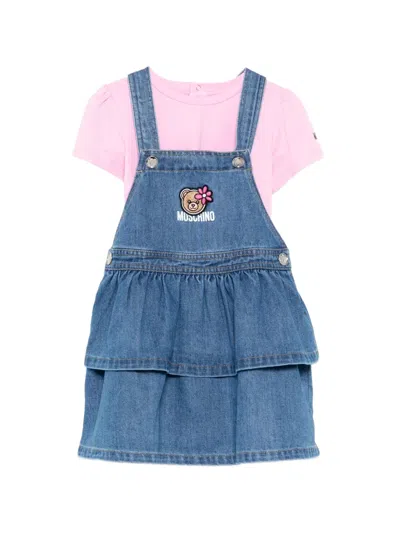 Moschino Babies' Logo-patched Denim Dress Set In Blue