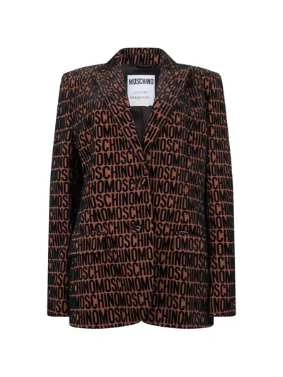 Moschino Logo-pattern Single-breasted Blazer In Brown