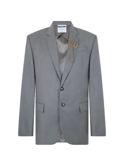 Moschino Logo-pin Single-breasted Blazer In Gray