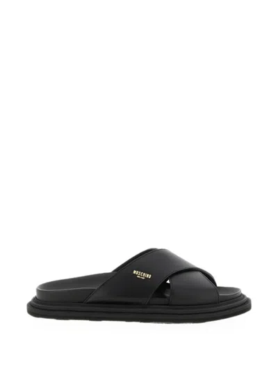 Moschino Leather Logo Sandals Cross Strap Design In Black