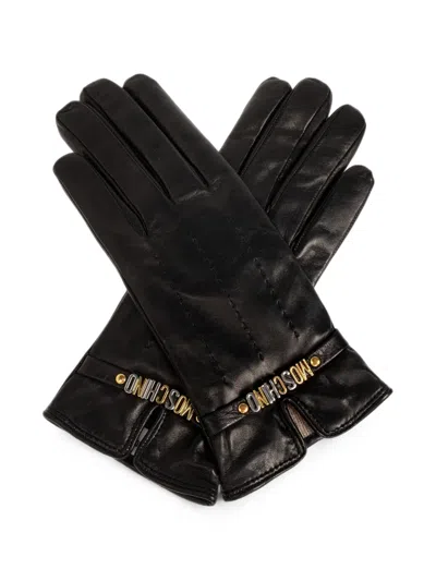 Moschino Logo-plaque Leather Gloves In Black