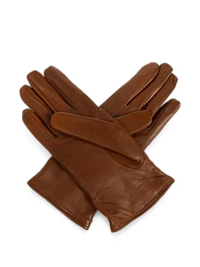 Moschino Logo-plaque Leather Gloves In Brown