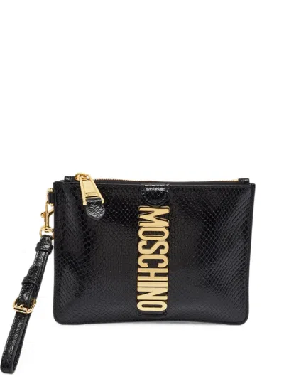 Pre-owned Moschino Logo-plaque Snake-effect Clutch Bag In Black