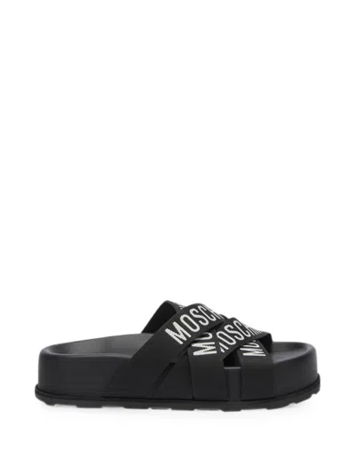 Moschino Logo-print Crossover-strap Sandals In Black