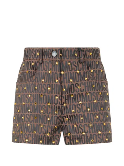 Moschino Logo-print Crystal-embellished Shorts In Brown