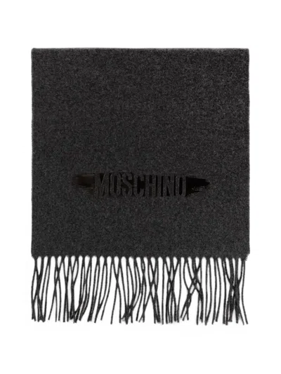 Moschino Logo-print Fringed Scarf In Gray