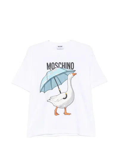 Moschino Short-sleeved Top With Graphic Goose And Round Neckline In White