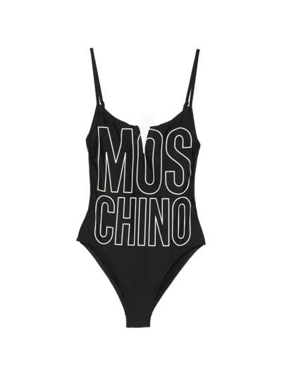 Moschino Logo-print V-neck Swimsuit In Black