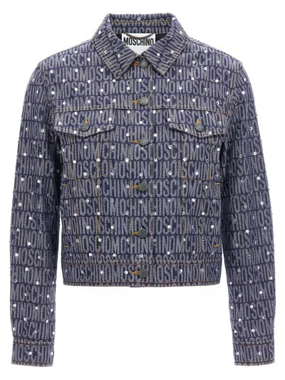 Moschino Logo-rhinestone Denim Jacket In Multi