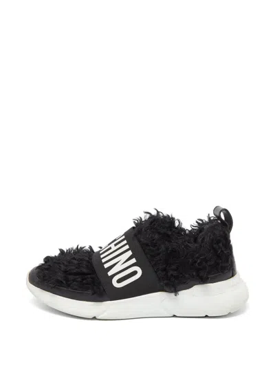Pre-owned Moschino Logo-strap Faux-fur Sneakers In Black