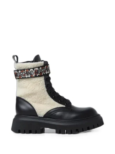 Moschino Kids' Logo-strap Shearling-panel Ankle Boots In Black