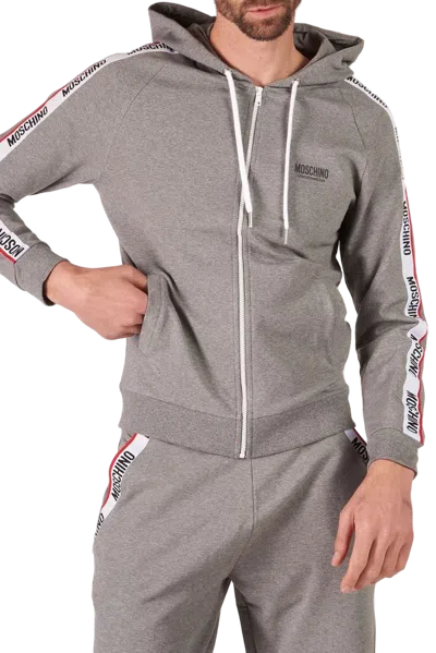 Moschino Logo-stripe Hooded Sweatshirt In Gray