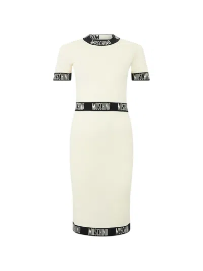 Moschino Logo-trim Virgin Wool Midi Dress In Neutral