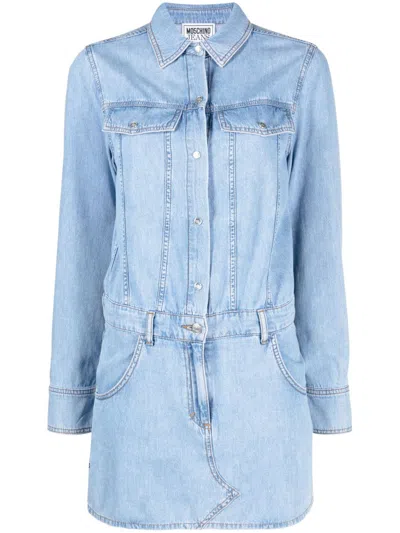 Moschino Long-sleeve Mini Denim Dress In Blue