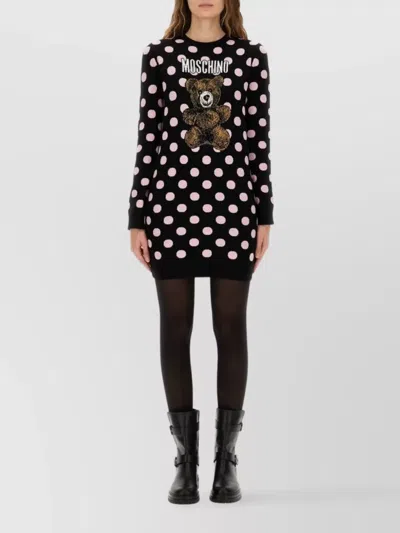 Moschino Long Sleeve Polka Dot Graphic Dress In Black