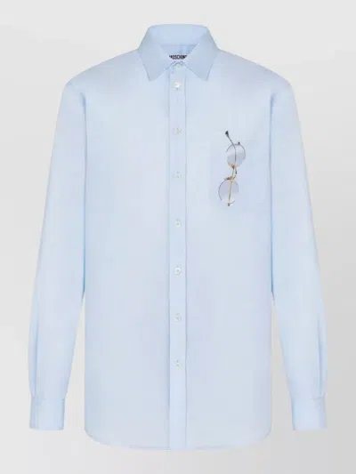 Moschino Long Sleeve Silk Blend Button Collar Shirt In Blue