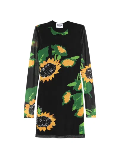Moschino Long-sleeved Floral Dress In Black
