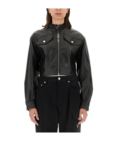 Moschino Long-sleeved Leather Jacket In Black