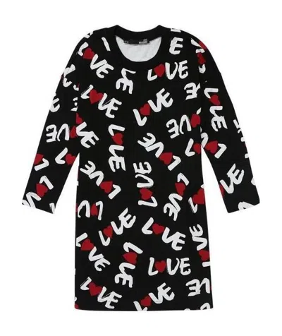 Moschino Long-sleeved Slogan Short Dress In Black