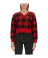 Moschino Cropped V-neck Sweater With Checkered Pattern In Black