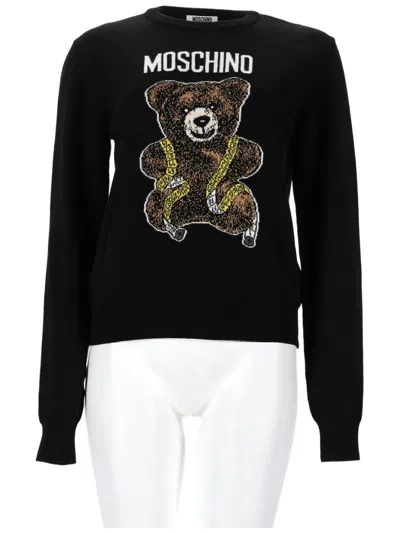 Moschino Long-sleeve Sweater With Teddy Bear Graphic And Ribbed Details In Black