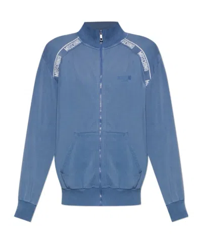 Moschino Logo-tape Zip-up Sweater In Blue