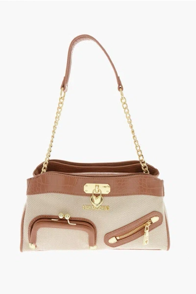 Moschino Love Braided Fabric Handle Bag With Crocodile Effect Faux Le In Burgundy