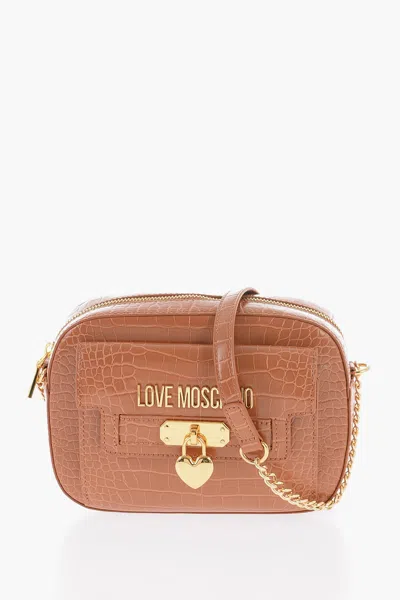 Moschino Love Crocodile Effect Faux Leather Crossbody Bag In Brown