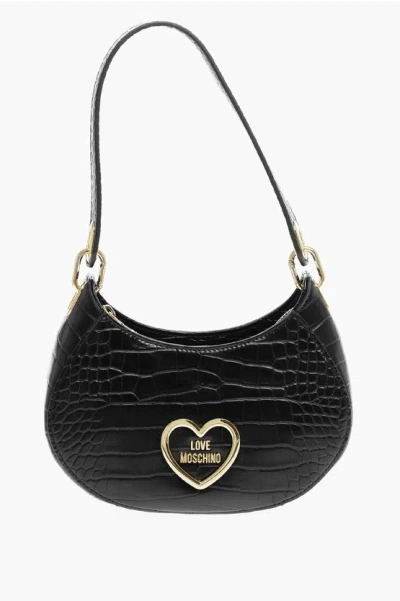Moschino Love Crocodile Effect Faux Leather Hobo Bag In Black