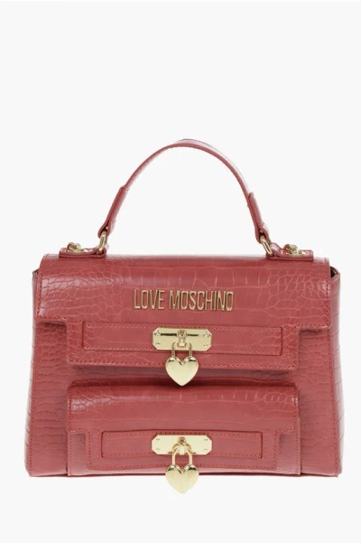 Moschino Love Crocodile Printed Faux Leather Hand Bag In Black
