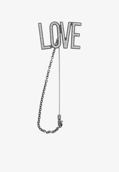 Moschino Love Crystal Embellished Brooch In Silver