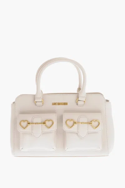 Moschino Love Double Pocket Faux Leather Tote Bag With Clamp In Beige